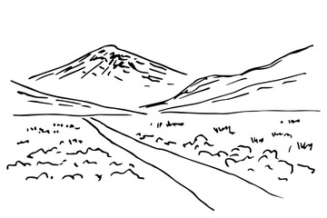 Hand-drawn vector drawing in black outline, sketch in ink. Nature and landscape, rocky terrain, distant road, mountains on the horizon.