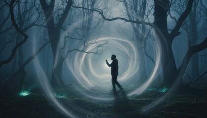 Misty Forest Portal Aura Mysterious Figure Holding Glowing Object In Dark Woods With Swirling Light Effect And Green Ground Lights