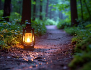 Pemandangan alam hutan hijau yang dipenuhi pohon tua dengan akar alami dan hamparan daun di sepanjang jalur taman luar ruangan