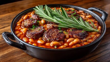 A steaming bowl of Cassoulet fills the scene with savory aromas, featuring tender beans, succulent meats, and aromatic herbs. Enjoy this comforting dish against a warm wooden backdrop