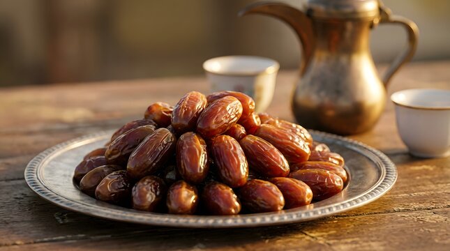 Plate of fresh dates with traditional Arabic coffee for Iftar.
