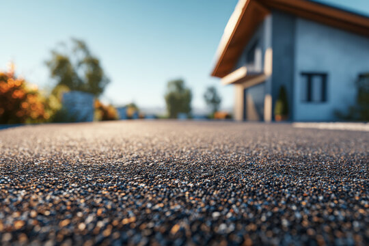 Low angle view of textured asphalt driveway leading to a modern suburban house with sunlit garden and trees in warm morning light