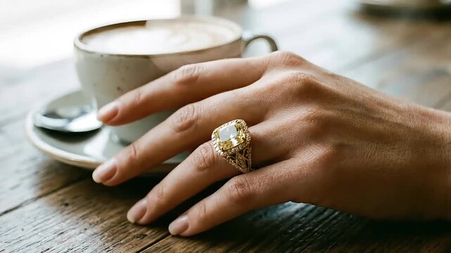 Elegant hand holding stunning solitaire diamond ring while sipping delicate coffee in serene caf&eacute; setting
