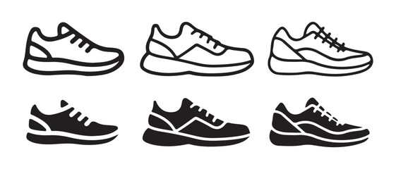 Athletic Shoe Icon Set. Sneaker Style Variations in Outline and Solid Black Formats.