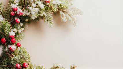 ベージュの背景に雪をかぶったモミの枝と赤い実のクリスマスフレーム