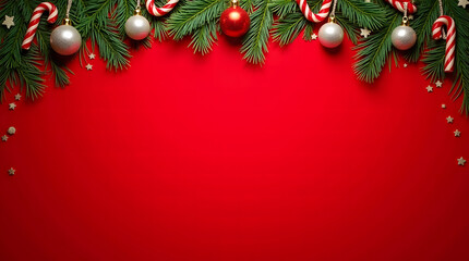 Red Christmas Decorative Background with Pine Garland and Ornament Border for Holiday Design