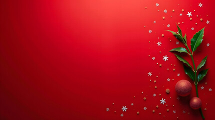 Red Christmas Decorative Background with Green Leaves Berries and Elegant Holiday Design