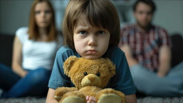 Tearful young child holding a toy bear for comfort. Family members watch in support from behind. Emotional and heartwarming moment.