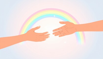 Reaching Hands Illustration with Pastel Rainbow Arch