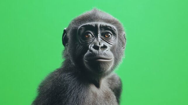 Close-up portrait of a young gorilla against a green screen
