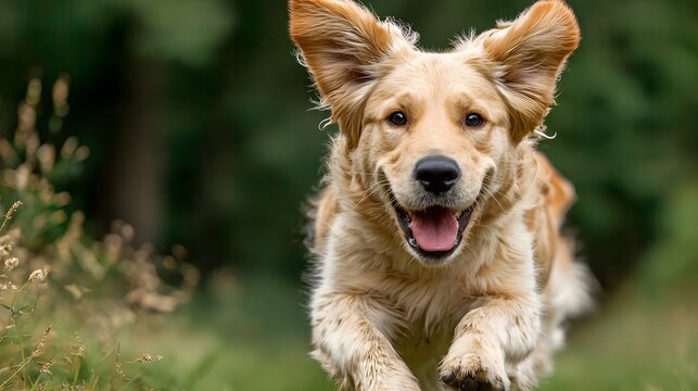 Happy Golden Retriever dog running directly towards camera on green grass, ears flapping, tongue out, blurred park background, dynamic shot.