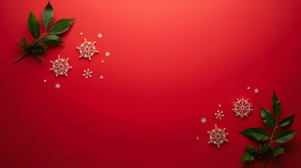 Red Christmas Decorative Background with Snowflakes Green Leaves and Holiday Design