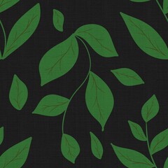 Green Leaf Hand Drawn Seamless Pattern on Black Background - Botanical Textile Design 