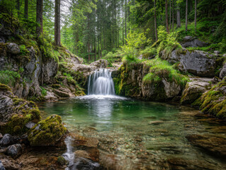 Fototapeta premium Tranquil small waterfall cascading into a clear emerald pool surrounded by mossy rocks and lush green forest in a serene natural setting