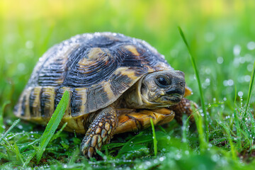 Obraz premium Turtle moving slowly on wet grass in a sunny garden during early morning hours with dew drops on green blades