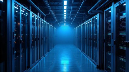 Digital storage facility server room with atmospheric lighting and moody blue tones - Powered by Adobe