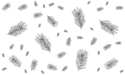 Botanical illustration of falling fir tree needles, winter forest background