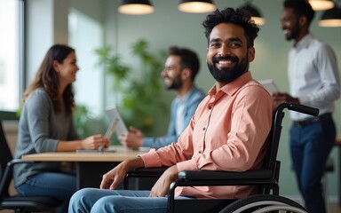 Happy Indian man in a wheelchair with office colleagues. Generative AI. High quality