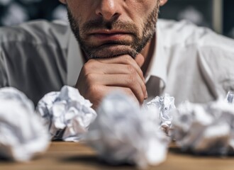 Man in a white shirt contemplating among crumpled paper balls on a wooden desk symbolizing frustration and creative block in problem solving or writing tasks