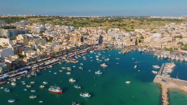 Fishing village Marsaxlokk. Drone view, Malta island