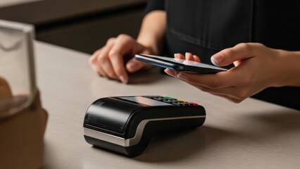 Hands perform swift mobile contactless payment with smartphone over a modern POS terminal, embodying digital transaction convenience for shoppers