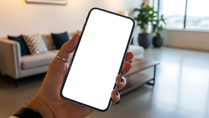 Hand Holding Smartphone with Blank White Screen in Modern Office Lounge Workspace Mockup