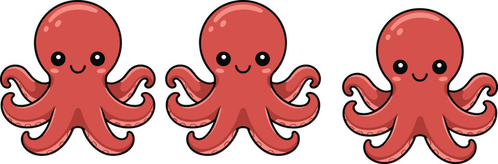 Cute octopus cartoon character set vector illustration featuring adorable sea animals isolated white background kids friendly style