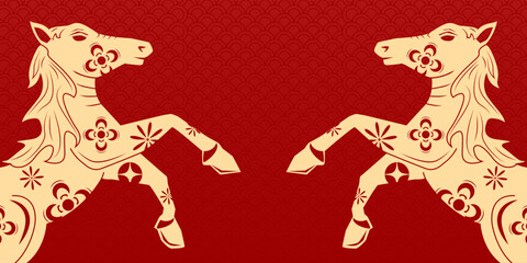 Happy Chinese new year 2026 , modern design set in red, gold and white colors , Year of the horse zodiac , Asia oriental traditional ornament, frame and border ,