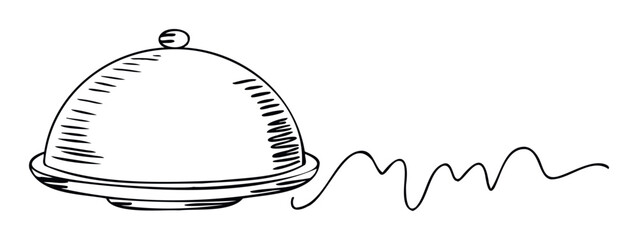 Hand drawn sketchy restaurant serving dome cloche with wavy steam emerging for fine dining or food service concepts
