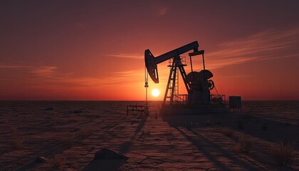 Pixelated Oil Pump Jack Silhouette Against a Fiery Sunset Sky in a Desert Landscape
