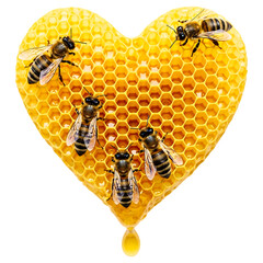 Heart shaped honeycomb with bees on a transparent background