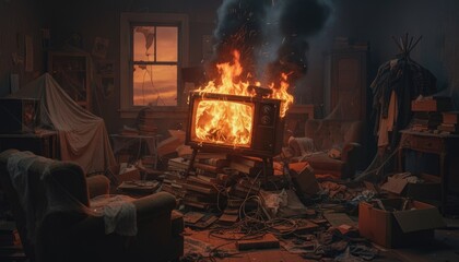 Pixelated Room Interior Undergoing Destructive Fire with Embers and Smoke at Dusk