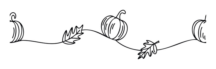 Whimsical line art border with pumpkins and autumn leaves on a wavy line for seasonal greetings and Thanksgiving decorations.