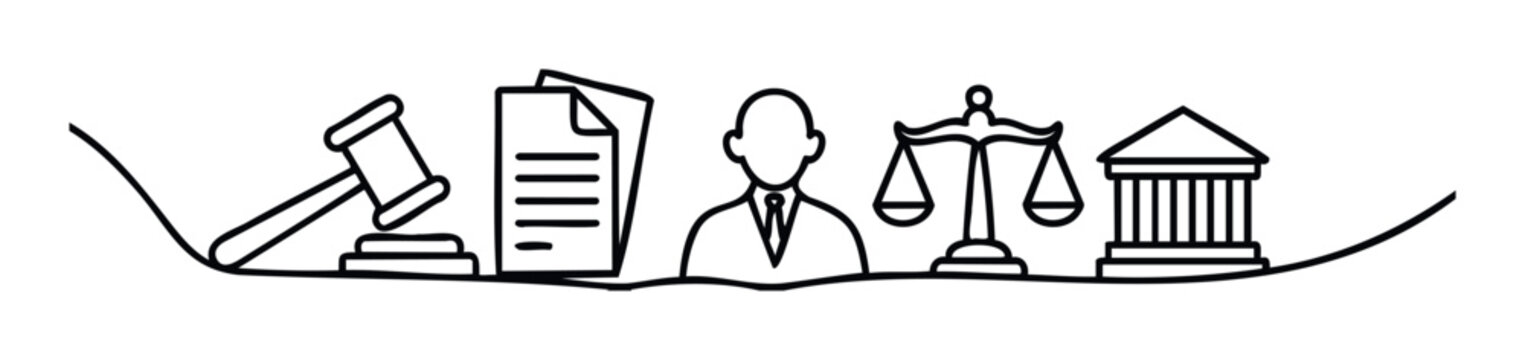 Legal concept imagery with gavel, documents, lawyer silhouette, scales of justice and courthouse for law firm promotion or educational material, conveying legal proceedings and judgment