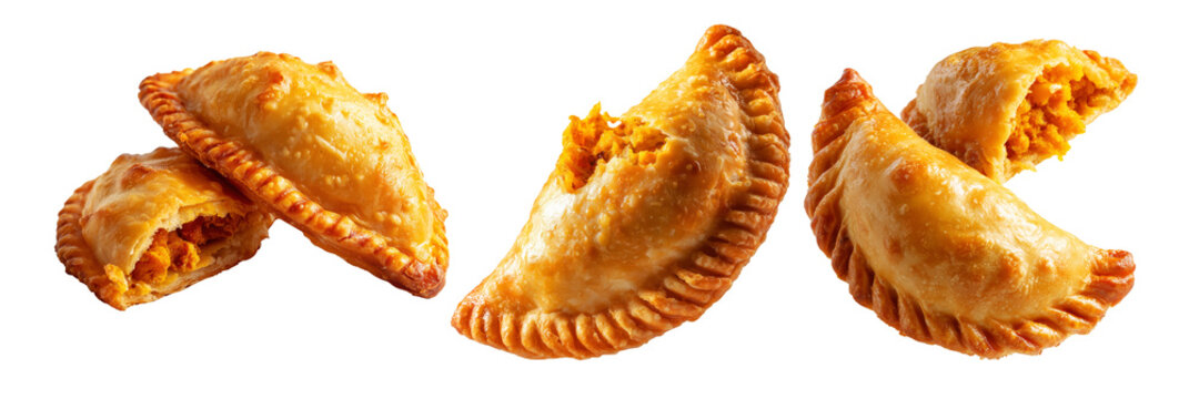 Set of Fijian curry puffs or fried empanadas  with spicy potato isolated on white background, Fiji takeaway and street foods