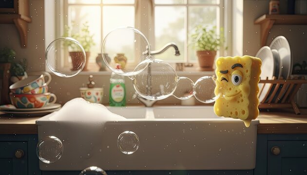 Quirky anthropomorphic sponge character winks next to a sink full of soapy dishes and bubbles with plants in the background and sunlit window