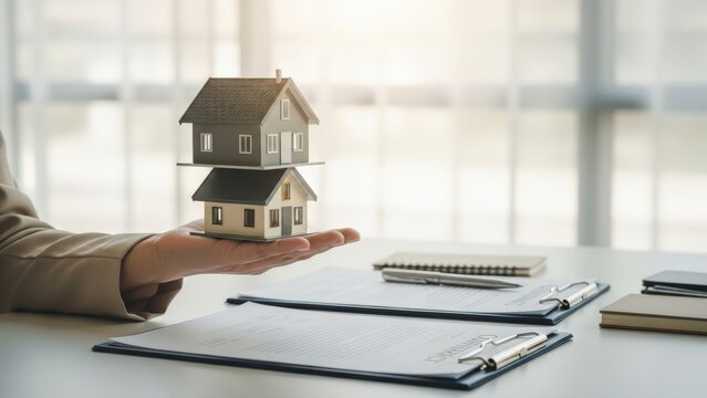 Professional woman presents stacked model houses, symbolizing real estate investment, homeownership dreams, and secure mortgage loan solutions from dream banking