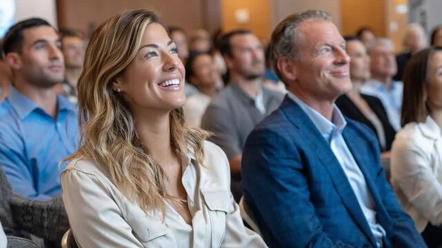 Attentive Audience: A diverse group of people absorbed in a public gathering, each individual exuding focus and enthusiasm. capturing the spirit of shared interest
