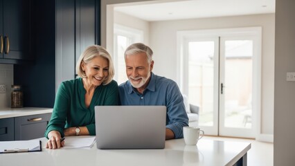Senior couple happily reviews personal finances on a laptop in their warm, contemporary kitchen, planning a secure future together