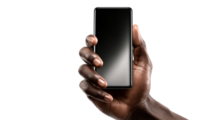 Close up of a Black hand holding a modern smartphone with a dark screen, perfect for technology, communication, and app promotion visuals.