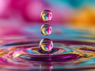 Fototapeta premium Vibrant colorful water droplets suspended above a reflective liquid surface creating ripples with abstract rainbow hues in a mesmerizing close-up view
