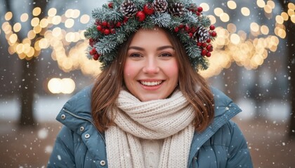 Young woman smiling, wearing a winter coat and knitted scarf, adorned with a festive holiday wreath crown of pinecones and red berries