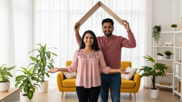 Smiling Indian couple envisions dream home, husband forming symbolic protective roof for wife in their modern, bright living room