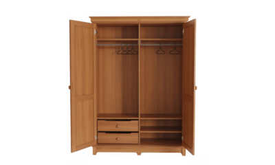 Wooden wardrobe with open doors and empty interior isolated on a transparent background