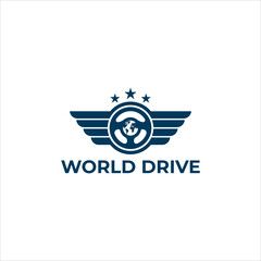 Modern flat vector logo for global travel and driving concept, featuring a stylized steering wheel with a world globe, elegant wings, and three stars.