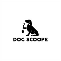 Modern black vector logo featuring a stylized sitting dog holding a small shovel, representing pet waste cleanup or care service.