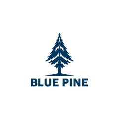 Minimalist deep blue pine tree vector logo with stylized sharp intimate apparelnches and bold 'blue pine' typography