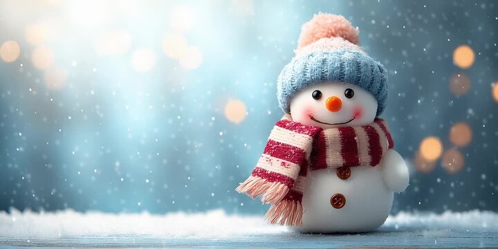A cheerful snowman stands in a snowy forest with snowflakes gently falling in a seamless loop. The concept of winter wonderland, festive charm, and calm looping animation for holiday scenes.