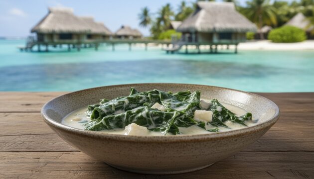 Traditional Palusami taro leaves cooked in coconut cream in bowl on wooden table idyllic tropical beach resort Bora Bora French Polynesia background