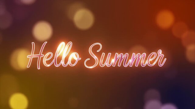 Luminous "Hello Summer" Text in Cursive Script with Bokeh Light Background